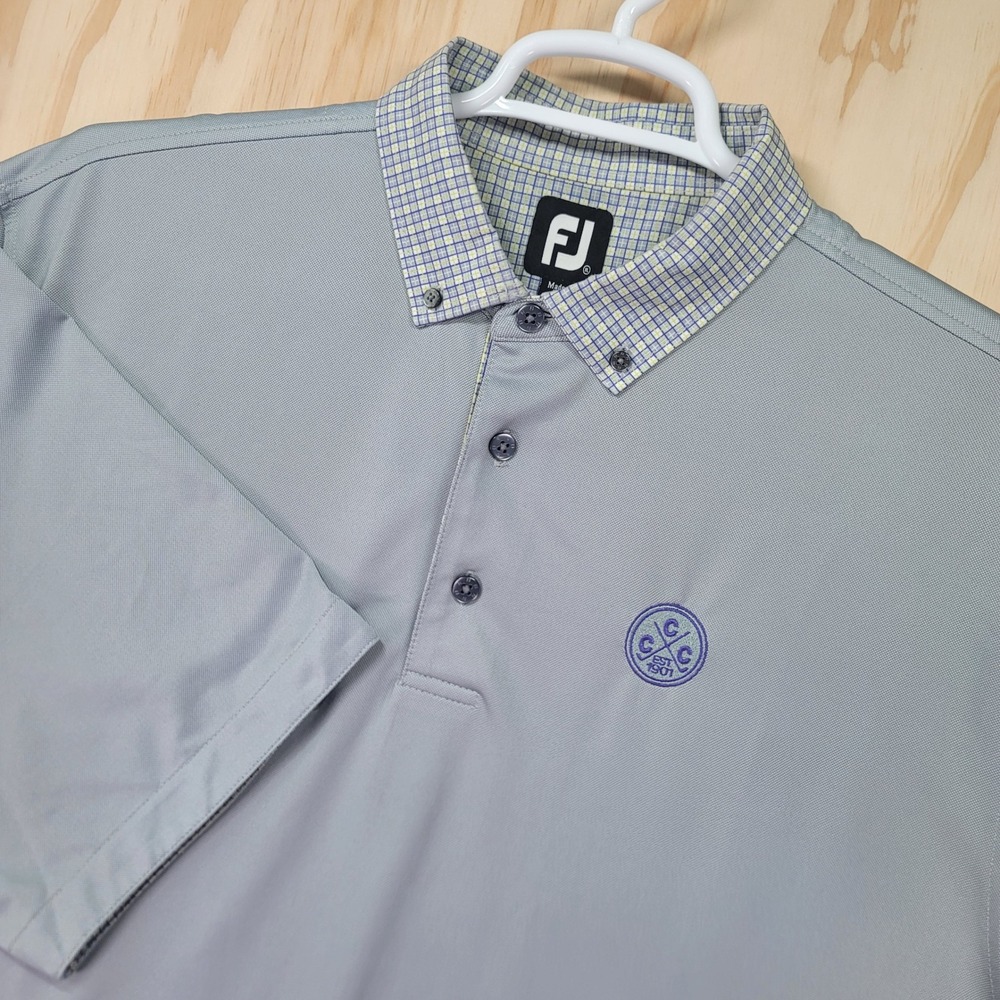 FootJoy Mens XL Gray Performance Golf Polo Plaid Contrast Collar Short Sleeve